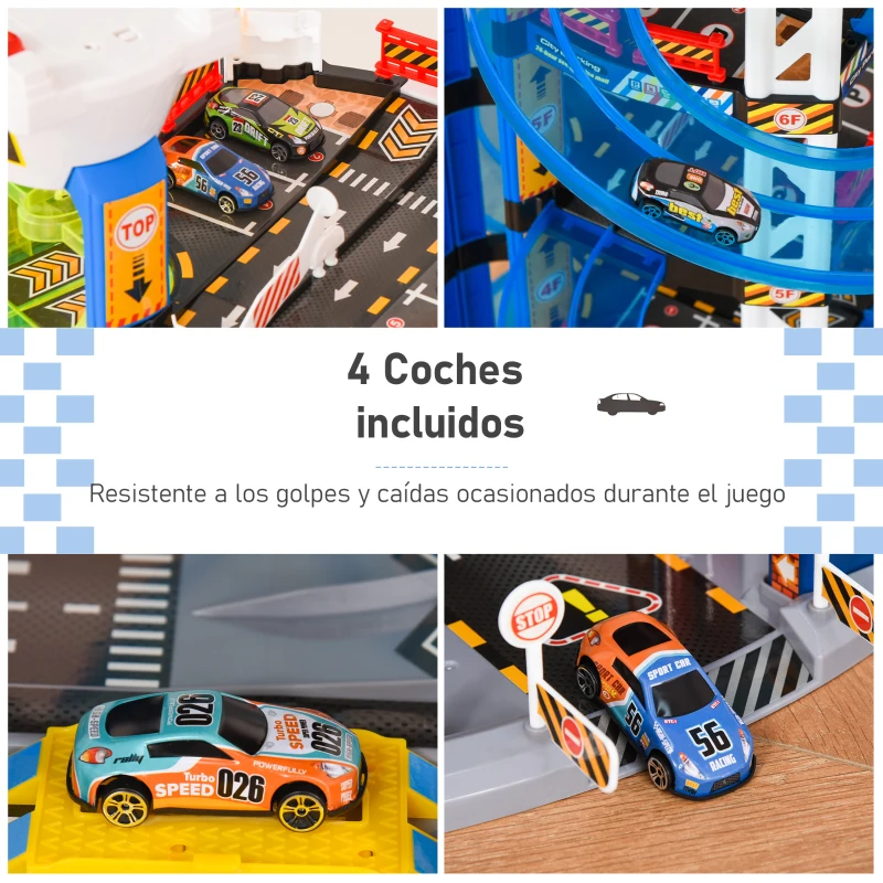 HOMCOM Parking Infantil de 7 Plantas Garaje de Juguete Incluye Ascensor Eléctrico con Luz y Sonido Doble Pista y 4 Coches de Carreras para +3 Años 64x59x113 cm Azul y Blanco