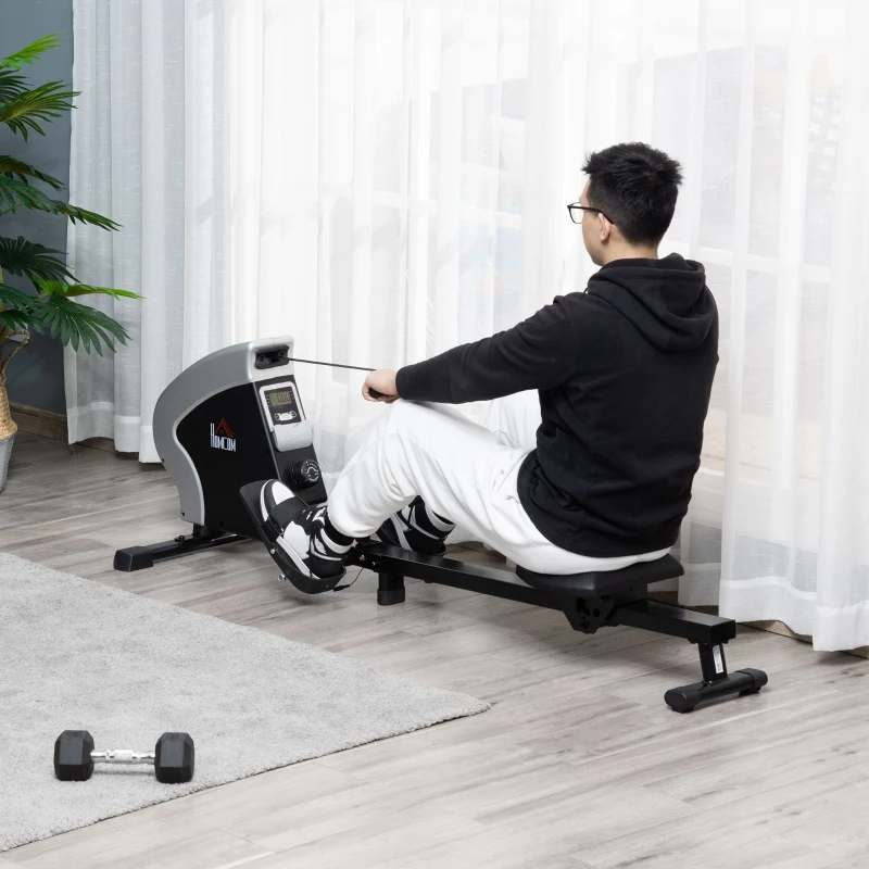 HOMCOM Máquina de Remo Magnética Plegable con 8 Niveles de Resistencia Monitor Digital 2 Ruedas de Transporte y Marco de Acero para Fitness en Casa Carga 130 kg 183x56x56 cm Negro