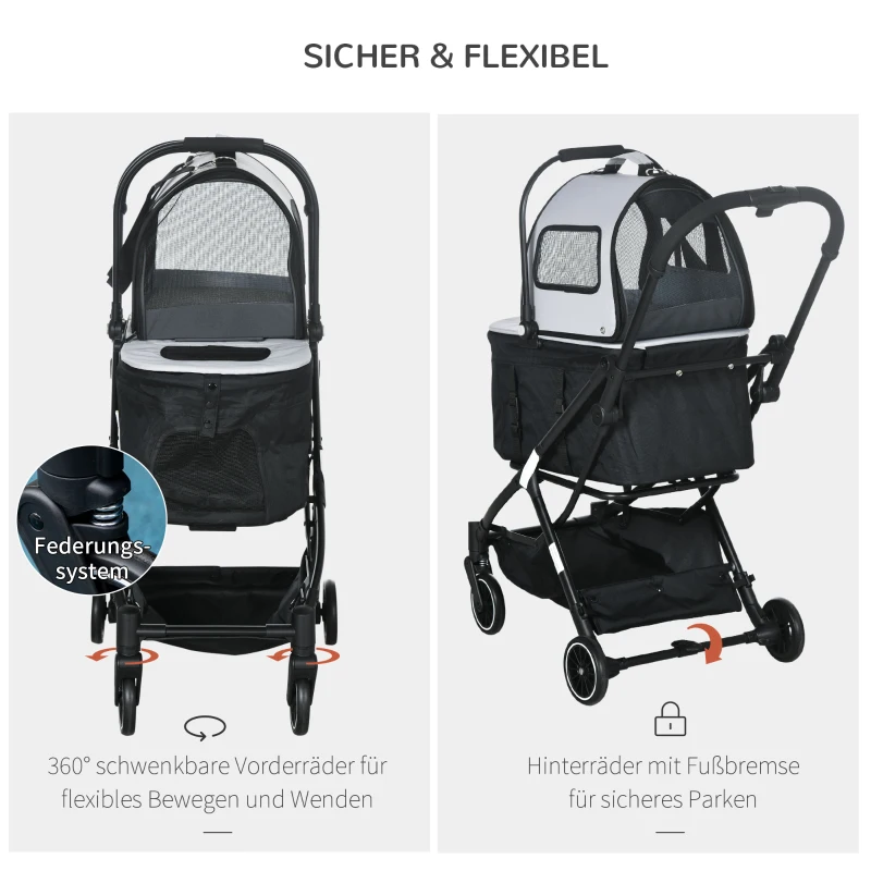 PawHut 3in1 Hundewagen, 2 Kabinen, klappbar, Aufbewahrungskorb, Stahlrahmen, grau, 67 x 49 x 99 cm