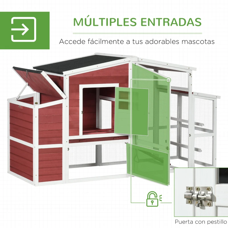 PawHut Gallinero con Ponedero Techo Abatible y Nido Rampa Zona Exterior para Jardín de Madera de Abeto 201x75x117 cm Rojo y Blanco