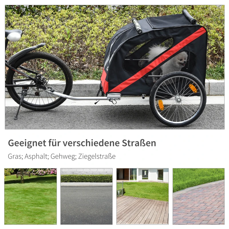 PawHut Przyczepa Rowerowa dla Psów Transportowa Terenowa dla Zwierząt Wodoodporna z Tkaniny Oxford i Ramą Stalową 145 x 80 x 87 cm Czarno-Czerwona