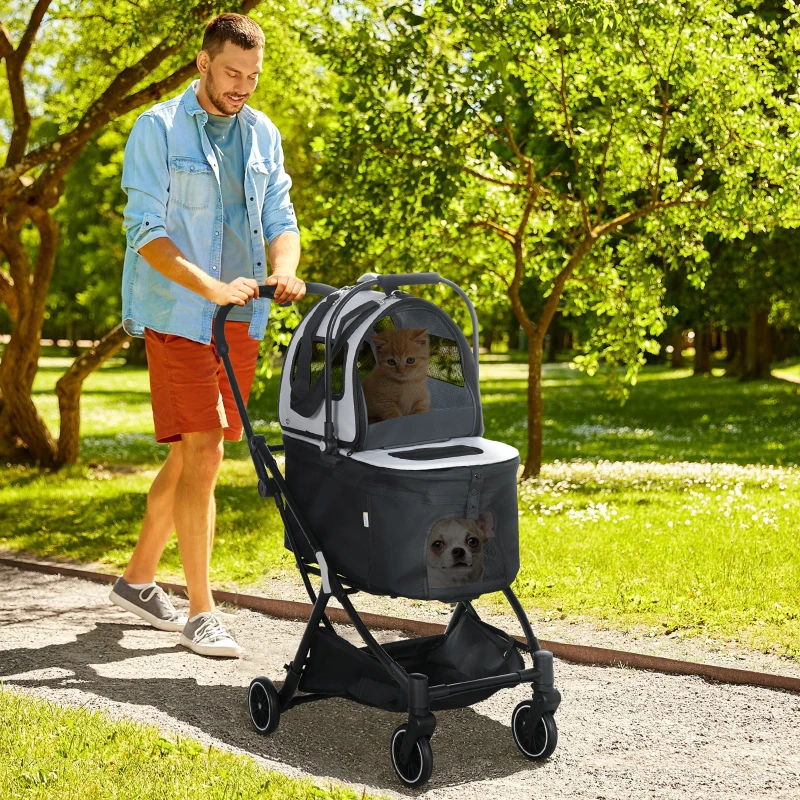 PawHut 3in1 Hundewagen, 2 Kabinen, klappbar, Aufbewahrungskorb, Stahlrahmen, grau, 67 x 49 x 99 cm