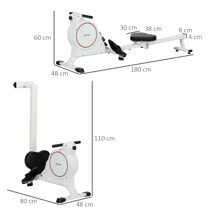 SPORTNOW Máquina de Remo Dobrável com Resistência de 8 Níveis Ecrã LCD e 2 Rodas de Transporte 180x48x60 cm Branco