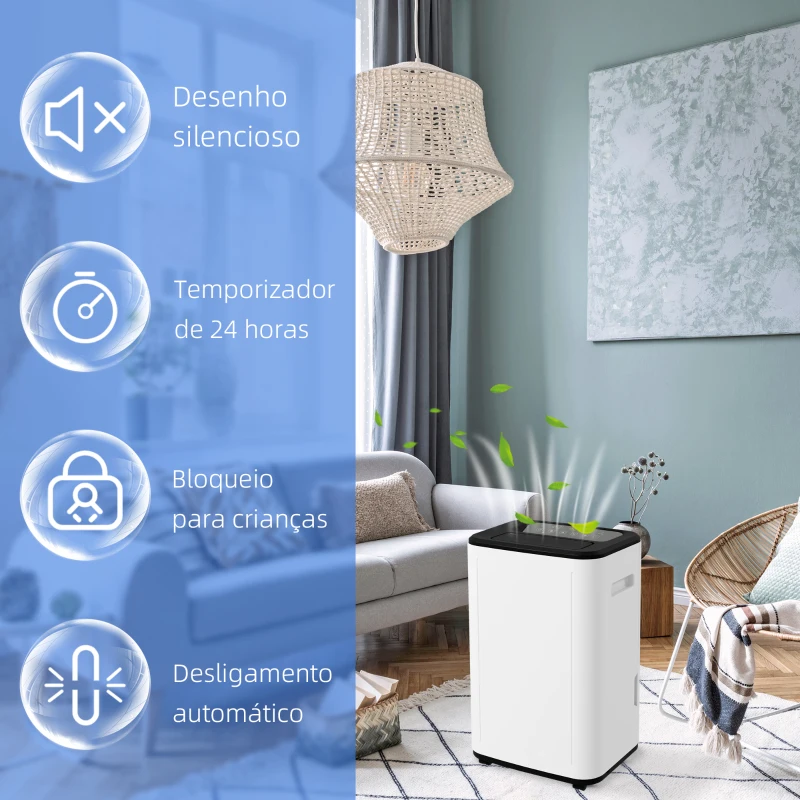 HOMCOM Desumidificador Depósito de Água 6 Litros 20L/Dia com 4 Modos 2 Velocidades Ecrã LED Temporizador 33,5x26x53 cm Branco
