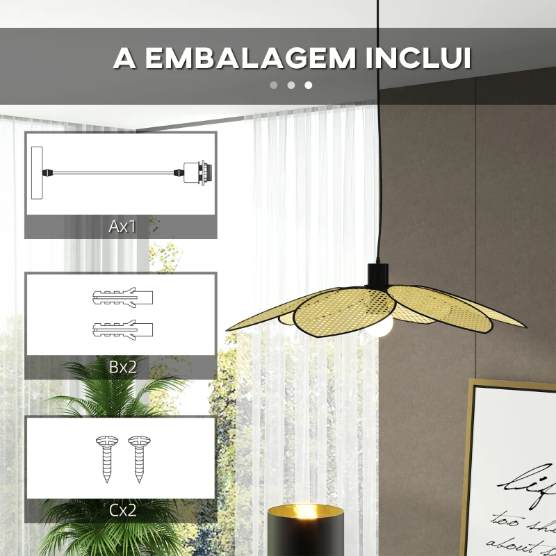 HOMCOM Candeeiro de Teto com Forma de Flor Candeeiro de Teto de Vime Sintético com Cabo Ajustável Ø68x115 cm Madeira
