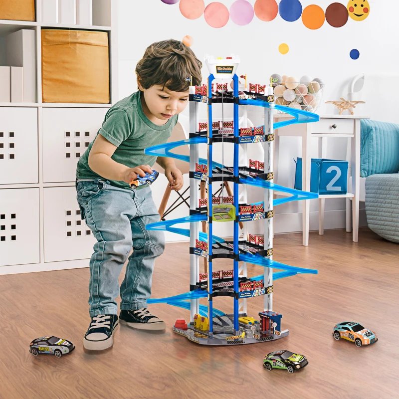 HOMCOM Parking Infantil de 7 Plantas Garaje de Juguete Incluye Ascensor Eléctrico con Luz y Sonido Doble Pista y 4 Coches de Carreras para +3 Años 64x59x113 cm Azul y Blanco