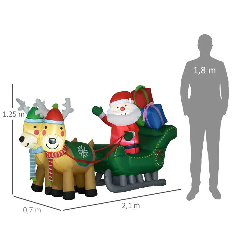 HOMCOM Decoração Insuflável de Natal Pai Natal com Trenó 2 Renas e Luzes LED 210x70x125 cm Multicor