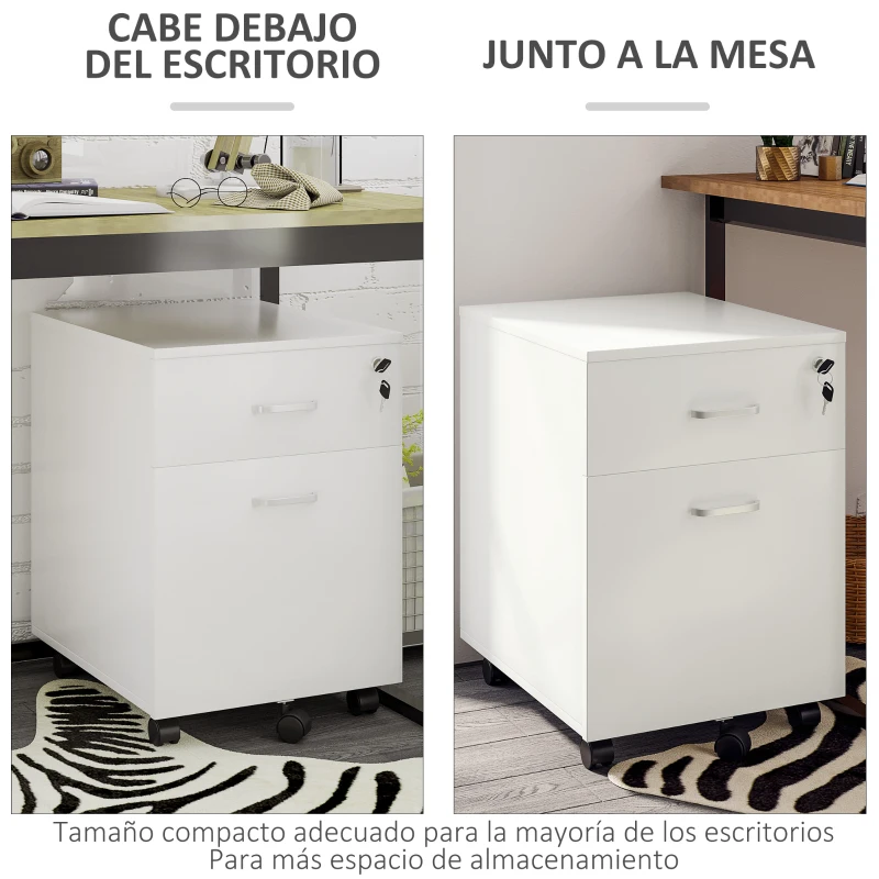 Vinsetto Cajonera de Oficina con Ruedas Mueble Archivador con 2 Cajones para Documentos en Tamaño A4 Cerradura 40x49x58 cm Blanco