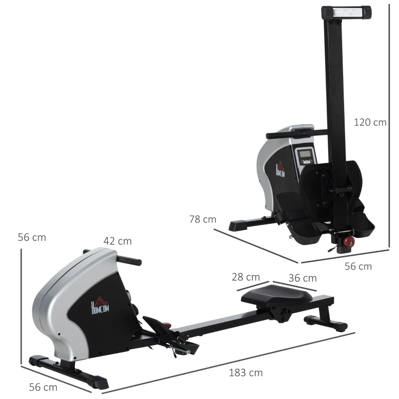 HOMCOM Máquina de Remo Magnética Plegable con 8 Niveles de Resistencia Monitor Digital 2 Ruedas de Transporte y Marco de Acero para Fitness en Casa Carga 130 kg 183x56x56 cm Negro