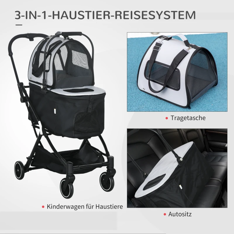 PawHut 3in1 Hundewagen, 2 Kabinen, klappbar, Aufbewahrungskorb, Stahlrahmen, grau, 67 x 49 x 99 cm