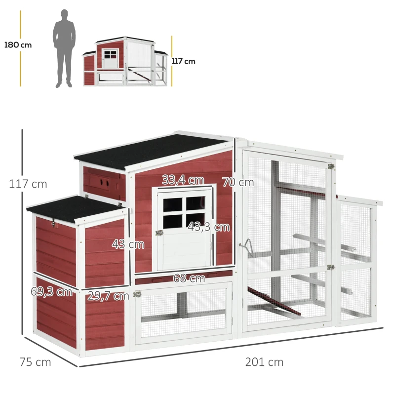 PawHut Gallinero con Ponedero Techo Abatible y Nido Rampa Zona Exterior para Jardín de Madera de Abeto 201x75x117 cm Rojo y Blanco