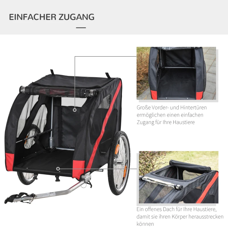 PawHut Przyczepa Rowerowa dla Psów Transportowa Terenowa dla Zwierząt Wodoodporna z Tkaniny Oxford i Ramą Stalową 145 x 80 x 87 cm Czarno-Czerwona