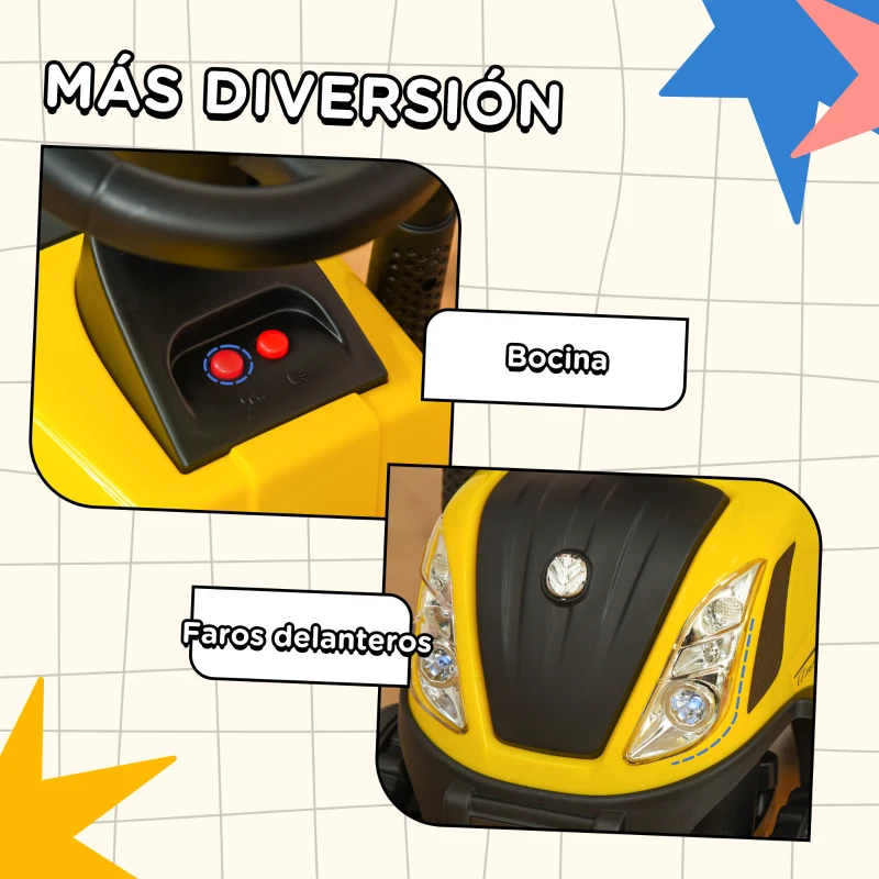 HOMCOM Tractor para Niños de 12-36 Meses con Remolque Extraíble Coche Correpasillos con Bocina Faros Pala Asiento de Suelo 25 cm y Rastrillo Carga 25 kg 91x29x44 cm Amarillo