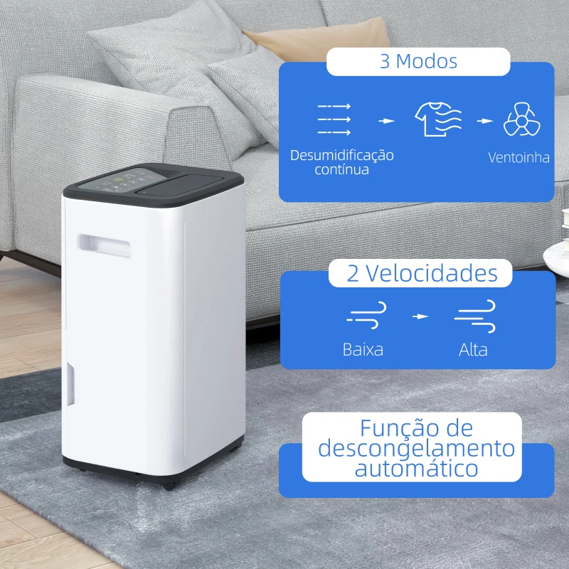 HOMCOM Desumidificador Depósito de Água 6 Litros 20L/Dia com 4 Modos 2 Velocidades Ecrã LED Temporizador 33,5x26x53 cm Branco