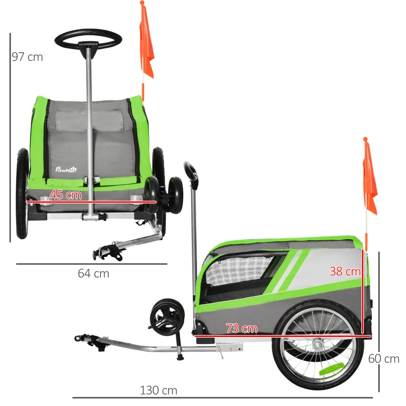 PawHut 2-in-1 Hundeanhänger Hundewagen Fahrradanhänger bis 20kg klappbar atmungsaktiv Leichtgängig Metall Oxford-Gewebe Grün+Grau 130 x 64 x 92 cm