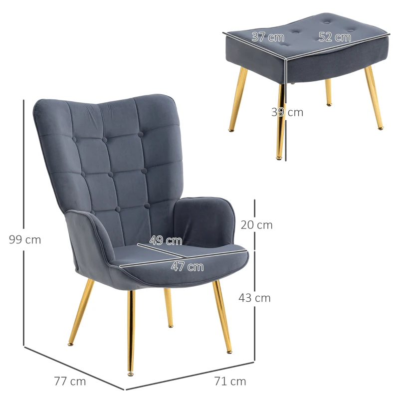 HOMCOM Modern Armchair with Footstool, Upholstered Accent Chair with Ottoman, Steel Legs, Velvet Wingback Chair for Living Room, Bedroom, Home Study, Dark Grey(m-3)