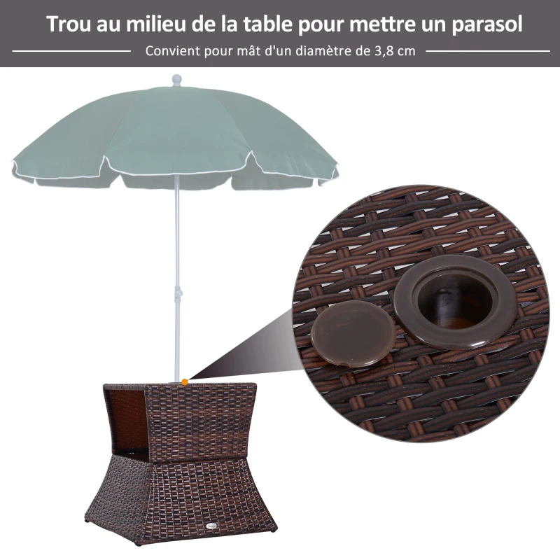 Outsunny Pied de parasol table basse 2 en 1 étagère inférieure intégrée résine tressée imitation rotin PE dim. 54L x 54l x 55H cm marron