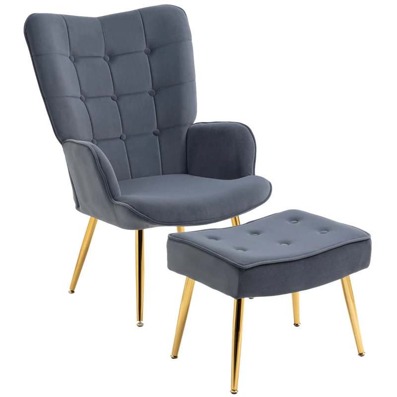 HOMCOM Modern Armchair with Footstool, Upholstered Accent Chair with Ottoman, Steel Legs, Velvet Wingback Chair for Living Room, Bedroom, Home Study, Dark Grey(m-11)