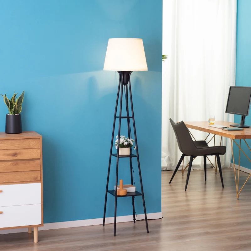 HOMCOM Lampadaire design contemporain avec 3 étagères de rangement douille E27 40 W interrupteur à pédale inclus abat-jour tissu métal 35 x 35 x 173 cm beige et noir