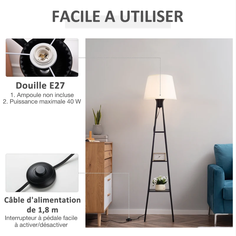 HOMCOM Lampadaire design contemporain avec 3 étagères de rangement douille E27 40 W interrupteur à pédale inclus abat-jour tissu métal 35 x 35 x 173 cm beige et noir