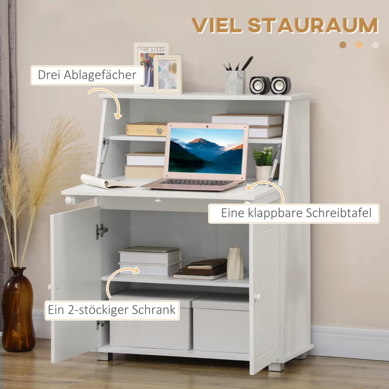 HOMCOM Sekretär Schreibtisch Kommode Schreibkommode Klappensekretär platzsparender Computertisch mit Schrank Weiß 82 x 38,5 x 107 cm