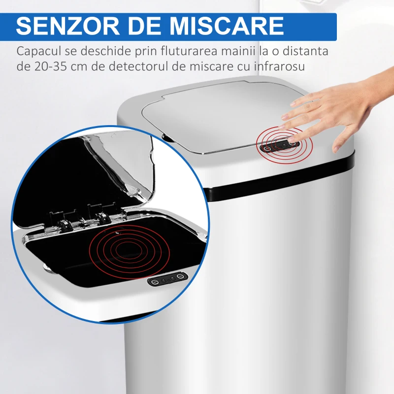 HOMCOM Cos Gunoi Inox 50 L – Rectangular cu Senzor Infrarosu(m-5)