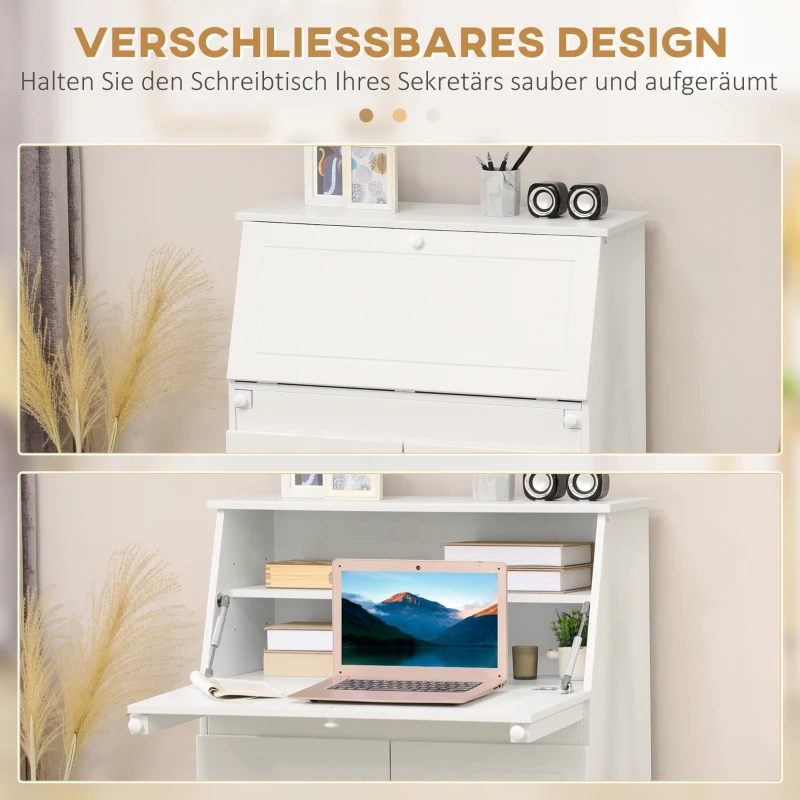 HOMCOM Sekretär Schreibtisch Kommode Schreibkommode Klappensekretär platzsparender Computertisch mit Schrank Weiß 82 x 38,5 x 107 cm