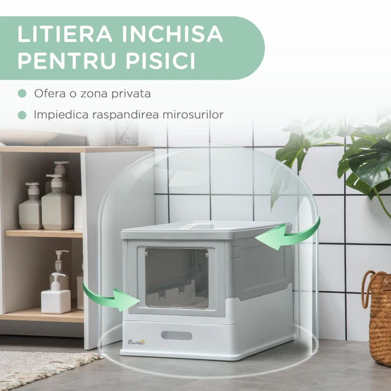 PawHut Litiera pentru Pisici Inchisa din PP cu Paleta Inclusa, Cutie Igienica pentru Pisici cu Tava Detasabila si 2 Usi, 47.5x35.5x36.7 cm, Alb si Gri