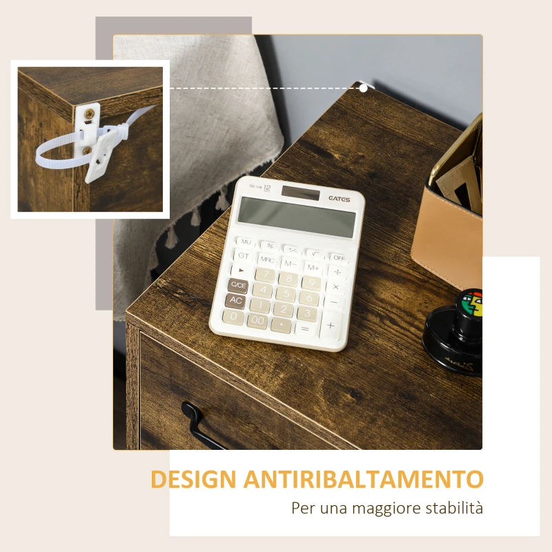 Vinsetto Cassettiera a 2 Cassetti in Truciolato Marrone con Gambe in Metallo per Camera da Letto, Studio e Soggiorno, 65x40x75 cm