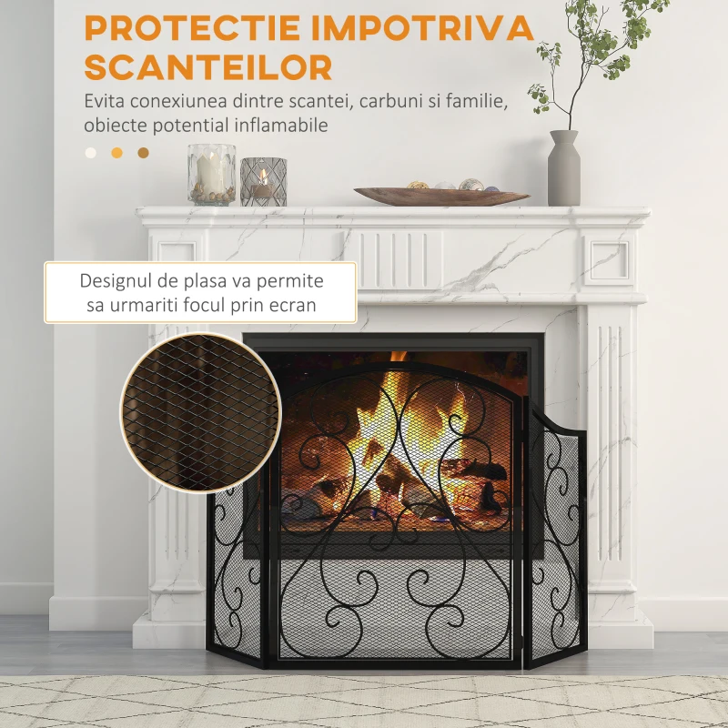 HOMCOM 3 Panou Ecran pentru Semineu Pliabil cu 3 Panouri, Protectie Impotriva Focului, Protectie Impotriva Scanteilor de Foc cu Plasa Metalica, Protectie Decorativa Impotriva Flacarilor, Negru
