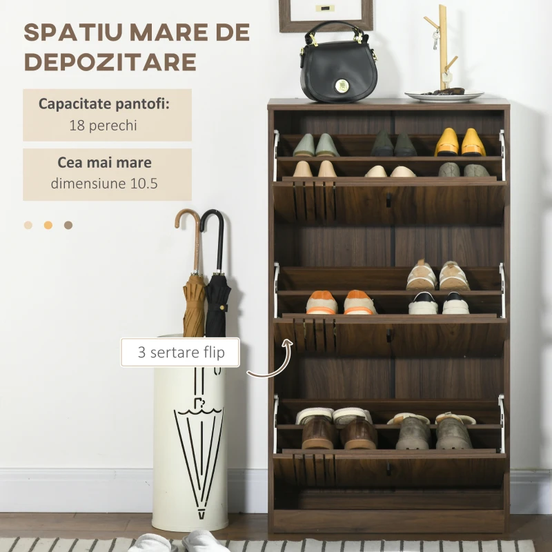 HOMCOM Dulap pentru Pantofi, Organizator de Pantofi cu 3 Sertare si Rafturi Reglabile pentru 18 Perechi, 63x24x117 cm, Nuc