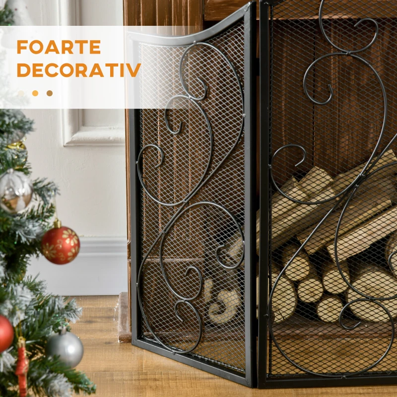 HOMCOM 3 Panou Ecran pentru Semineu Pliabil cu 3 Panouri, Protectie Impotriva Focului, Protectie Impotriva Scanteilor de Foc cu Plasa Metalica, Protectie Decorativa Impotriva Flacarilor, Negru