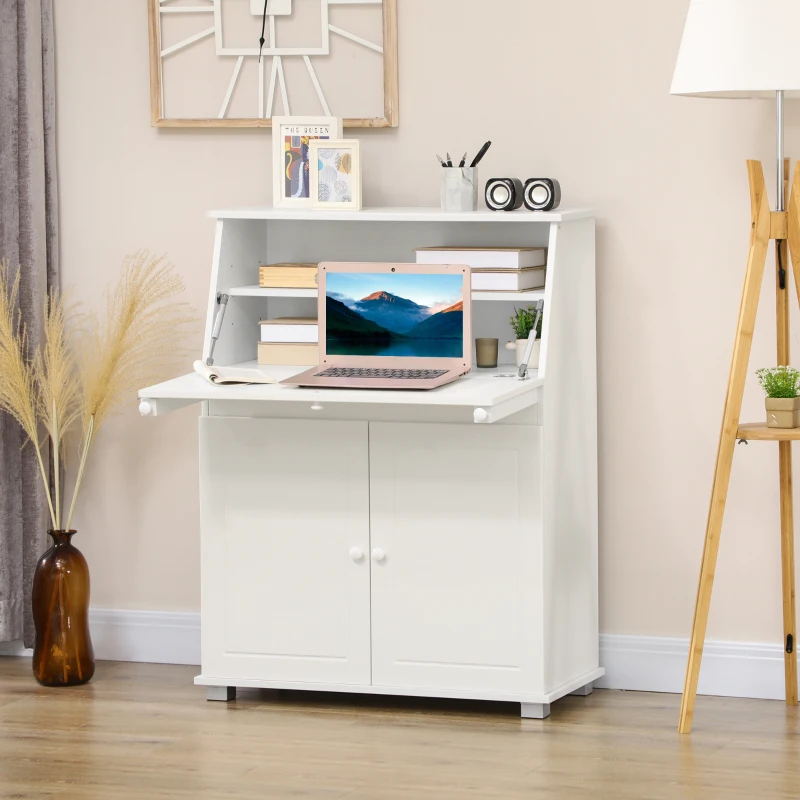 HOMCOM Sekretär Schreibtisch Kommode Schreibkommode Klappensekretär platzsparender Computertisch mit Schrank Weiß 82 x 38,5 x 107 cm