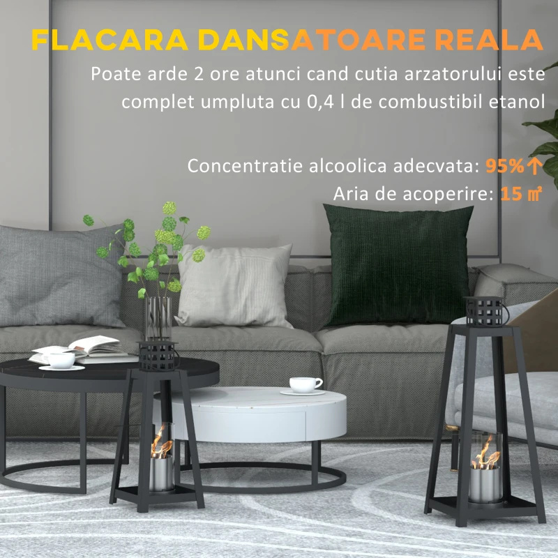 HOMCOM Set de 2 Seminee Independente cu Etanol, Semineu cu Bioetanol pentru Interior sau Exterior cu Capac de Flacara, Rezervor de 0,4L, max. 15㎡, Arde pana la 2 ore, Negru