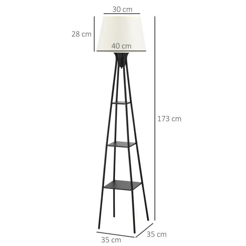 HOMCOM Lampadaire design contemporain avec 3 étagères de rangement douille E27 40 W interrupteur à pédale inclus abat-jour tissu métal 35 x 35 x 173 cm beige et noir