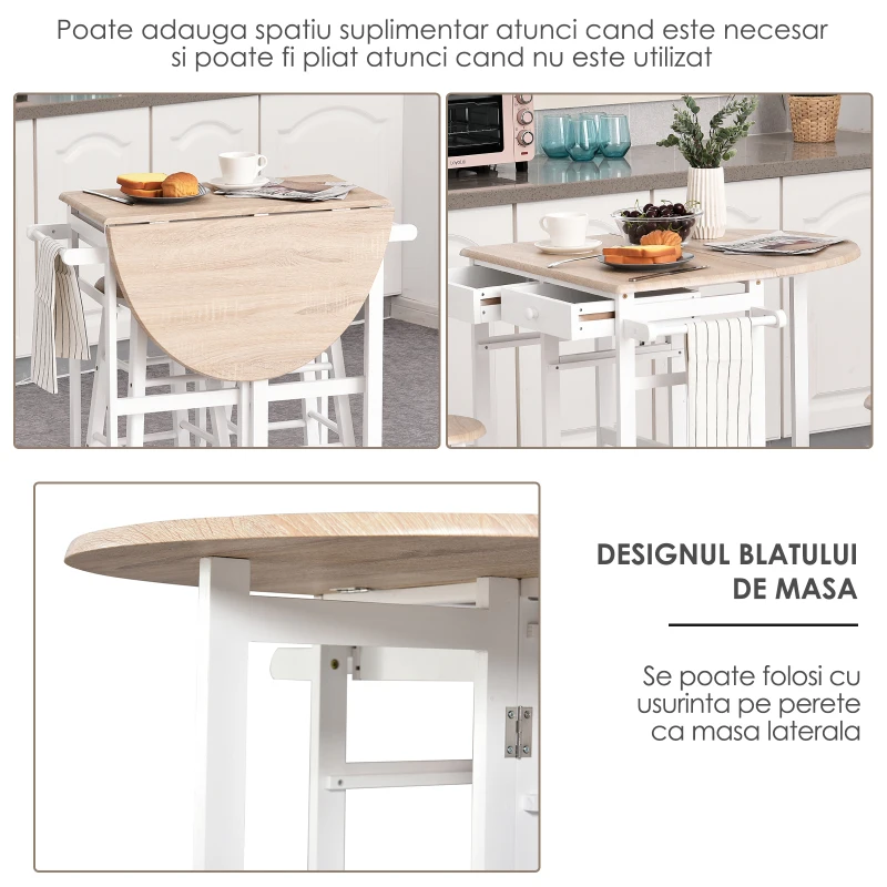 Homcom Carut Bucatarie Pliabil – Cu 2 Scaune Incluse, MDF Alb