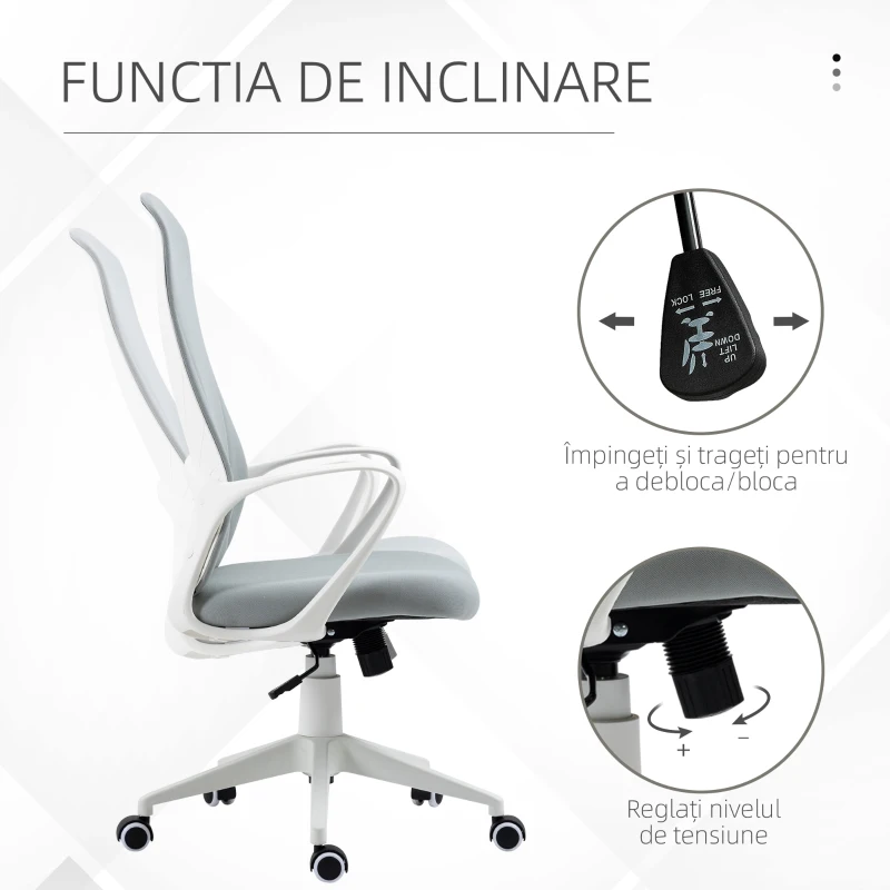 Vinsetto Scaun de birou ergonomic si tapitat, cu inaltime reglabila si functie de inclinare, 62x56x110-119.5 cm, gri