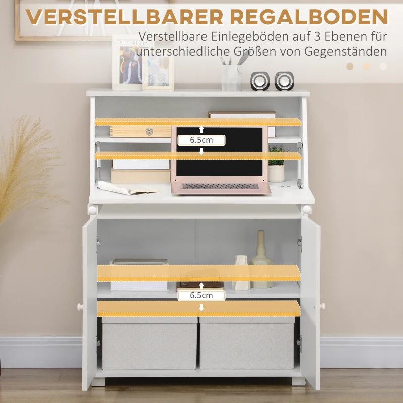 HOMCOM Sekretär Schreibtisch Kommode Schreibkommode Klappensekretär platzsparender Computertisch mit Schrank Weiß 82 x 38,5 x 107 cm