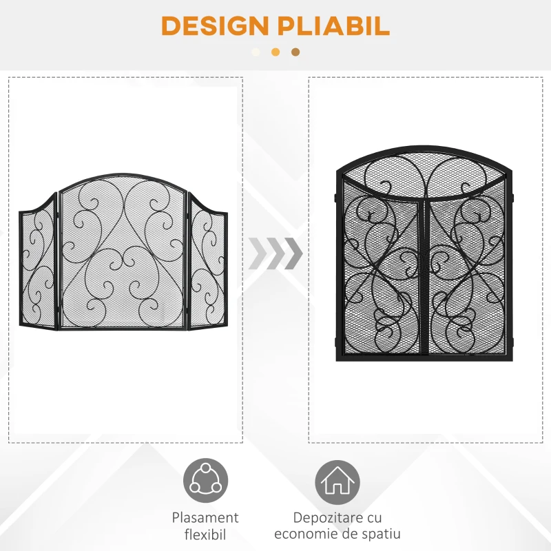 HOMCOM 3 Panou Ecran pentru Semineu Pliabil cu 3 Panouri, Protectie Impotriva Focului, Protectie Impotriva Scanteilor de Foc cu Plasa Metalica, Protectie Decorativa Impotriva Flacarilor, Negru