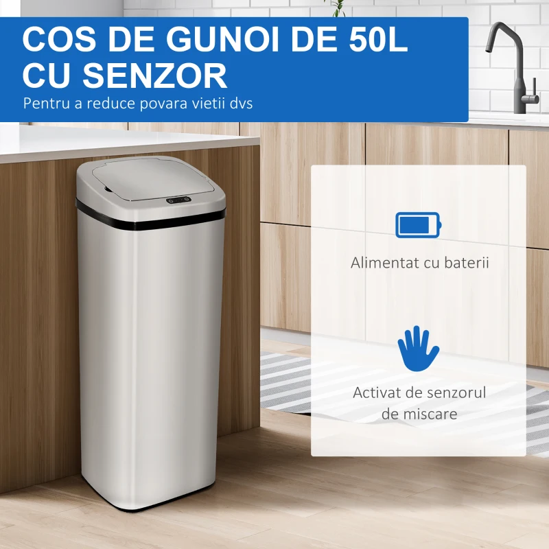 HOMCOM Cos Gunoi Inox 50 L – Rectangular cu Senzor Infrarosu(m-4)
