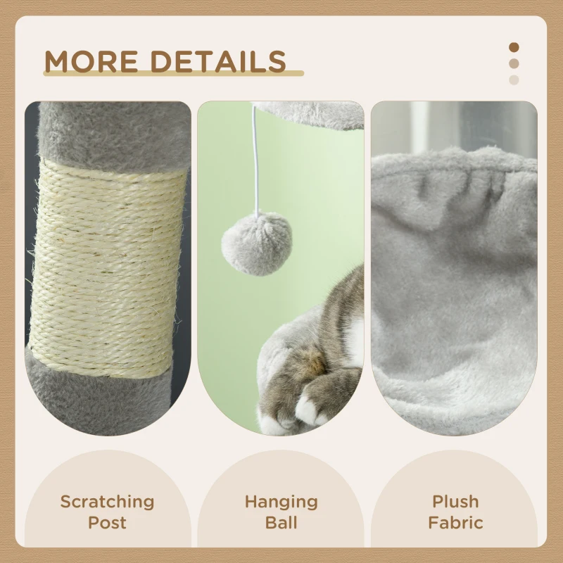 PawHut Copac de Lux de 25” pentru Pisici, din Plus, Turn Centru de Activitati Multiple cu Stalpi de Zgariere din Sisal, Perne Inaltate, Copac Spatios, Bile de Joaca, Gri Deschis