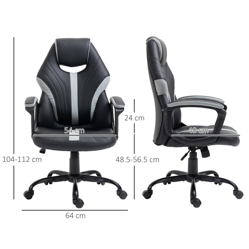 Vinsetto Scaun de Birou din Imitatie de Piele PU cu Inaltime Reglabila, Fotoliu Gaming Pivotant cu Functie de balansare, 63x70x104-112cm, Negru si Gri