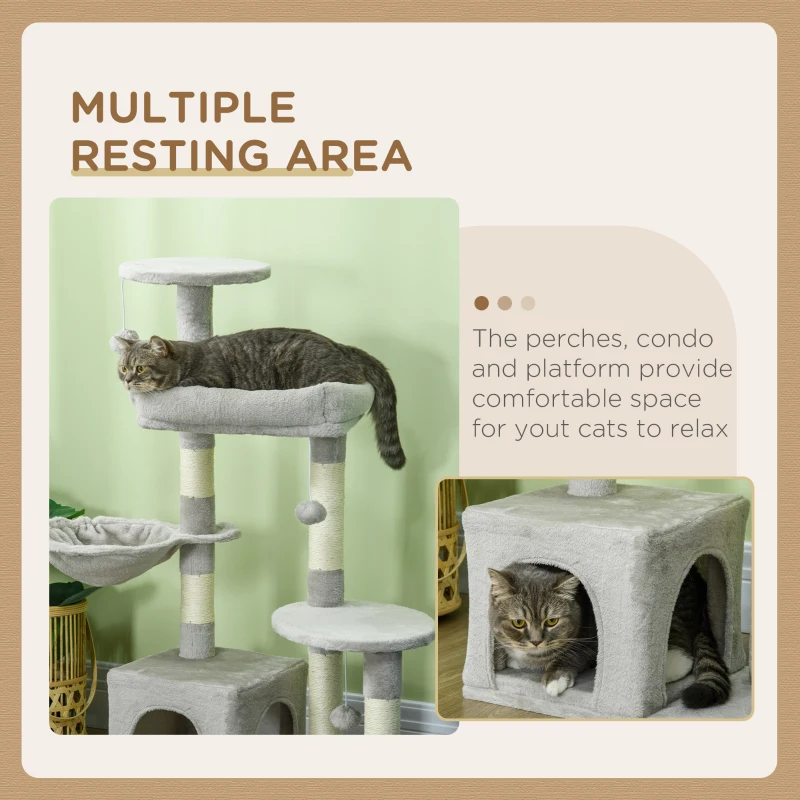 PawHut Copac de Lux de 25” pentru Pisici, din Plus, Turn Centru de Activitati Multiple cu Stalpi de Zgariere din Sisal, Perne Inaltate, Copac Spatios, Bile de Joaca, Gri Deschis