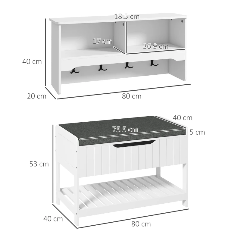HOMCOM Mobila Cuier de Perete cu Banca Suport pentru Pantofi Dotata cu Cuburi de Perete, 4 Carlige si Raft Retractabil, 80x20x40 cm, Alb(m-3)