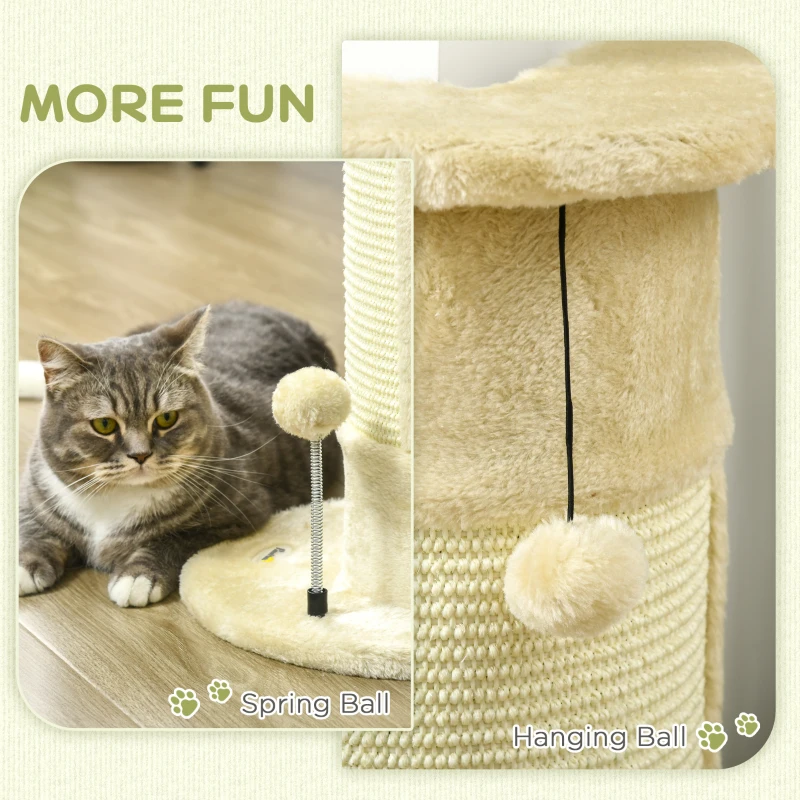 PawHut Copac de Zgariat pentru Pisici de Pana la 5kg cu 2 Mingi, Covoras din Sisal si  Tapiterie din Plus, 34x25.5x58cm, Bej