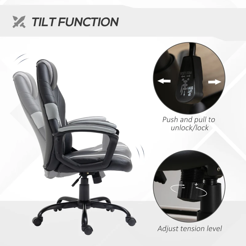 Vinsetto Scaun de Birou din Imitatie de Piele PU cu Inaltime Reglabila, Fotoliu Gaming Pivotant cu Functie de balansare, 63x70x104-112cm, Negru si Gri