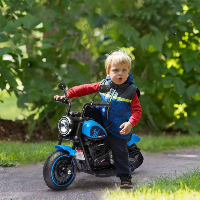 HOMCOM Motocileta Electrica de 6V cu Roti de Antrenament, Motocicleta Electrica Alimentata cu Baterii pentru Baieti si Fete, cu un Singur Buton de Pornire, Pedala, Far, pentru 18-36 luni, Albastru