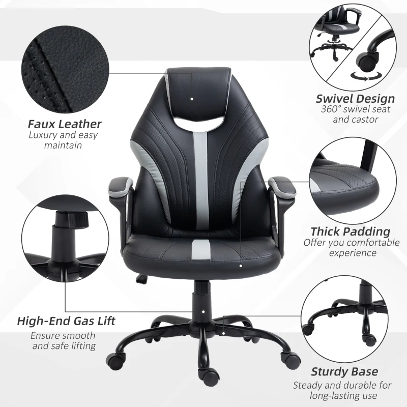 Vinsetto Scaun de Birou din Imitatie de Piele PU cu Inaltime Reglabila, Fotoliu Gaming Pivotant cu Functie de balansare, 63x70x104-112cm, Negru si Gri