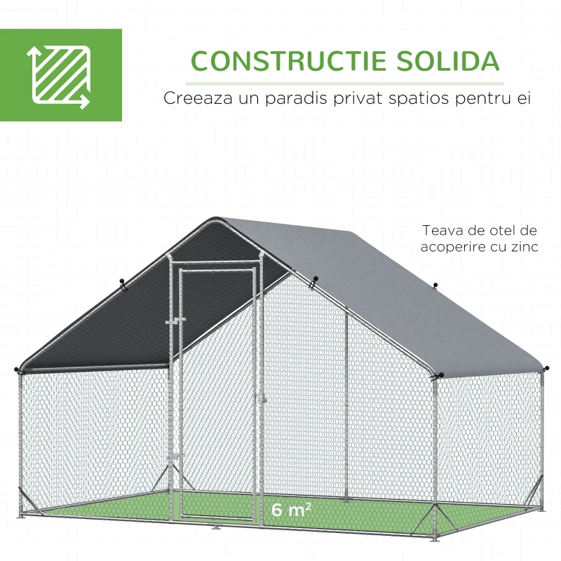 Cotet de gaini in aer liber PawHut cu Cadru Zincat si Plasa Hexagonala, Tarc cu Acoperis din Material Impermeabil pentru Gaini, Rate si Iepuri, 3x2x2m(m-6)