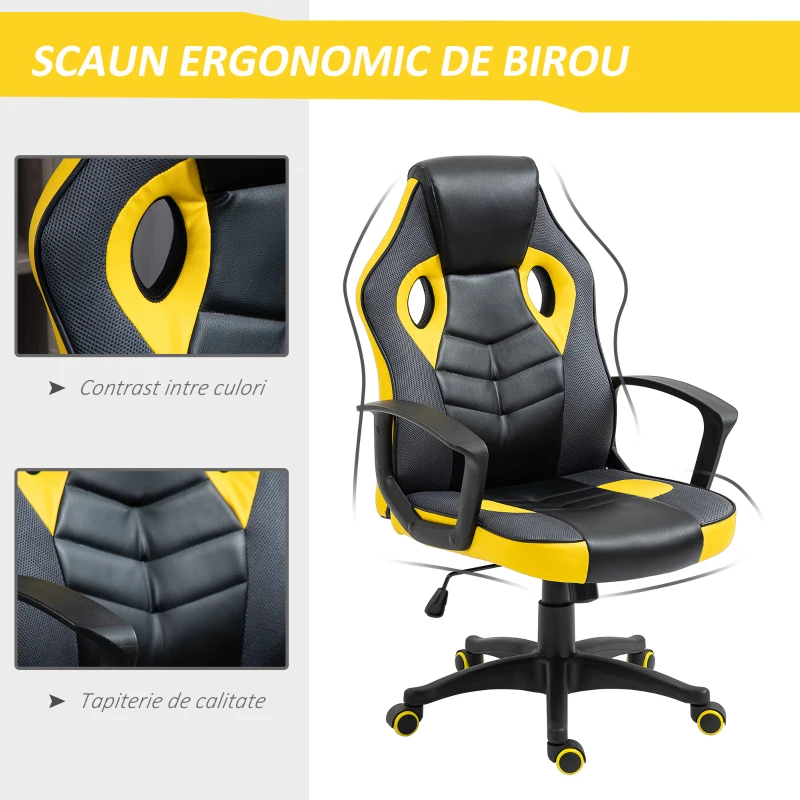 Vinsetto Scaun de Gaming Fotoliu de Birou Rotativ cu Roti din Piele ecologica Negru si galben